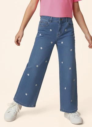 Malwee Kids - Calça Wide Leg Jeand com Bordado Azul - MALWEE KIDS
