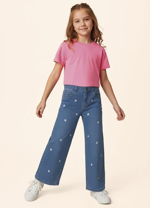 Malwee Kids - Calça Wide Leg Jeand com Bordado Azul - MALWEE KIDS