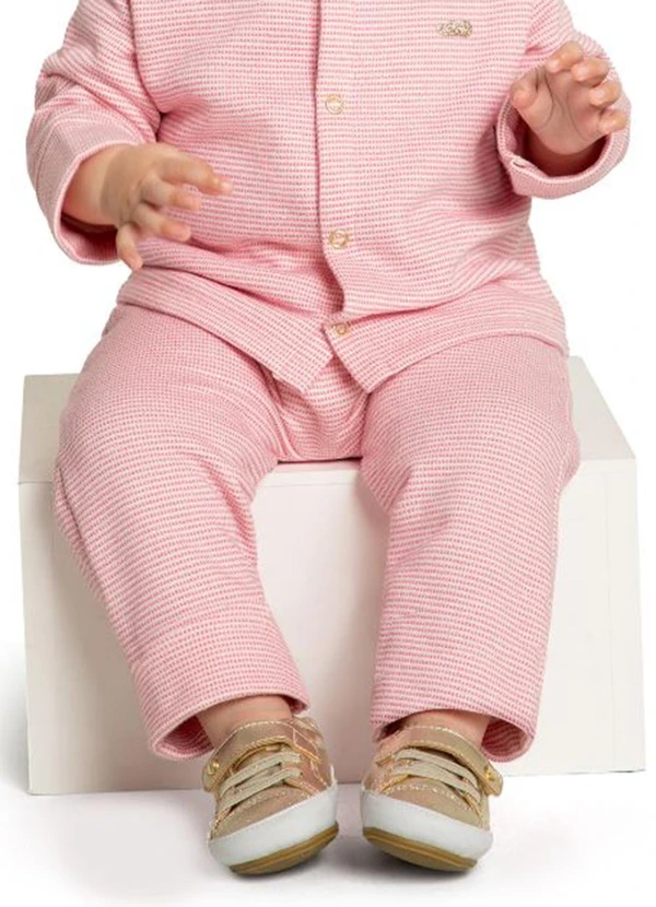 Marlan - Calça Bebê em Moletom Quadriculado Unissex Rosa