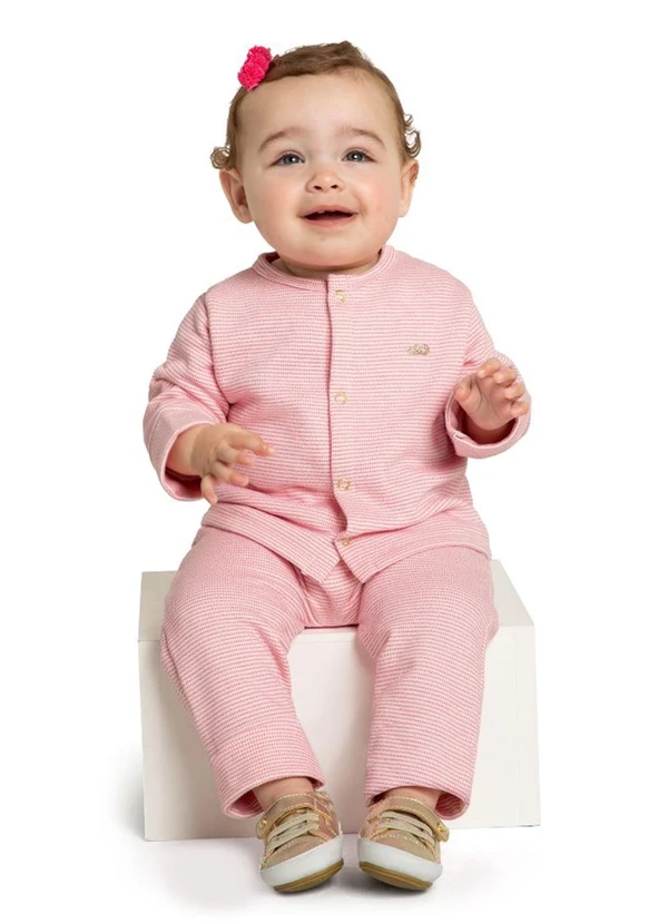 Marlan - Calça Bebê em Moletom Quadriculado Unissex Rosa 2