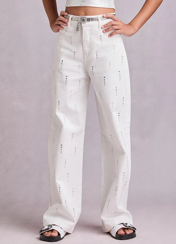 I Am - Calça de Sarja Off White com Strass Off White