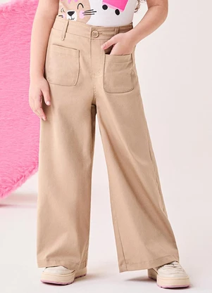 Bimbi - Calça Infantil Menina Wide de Sarja Bege Bege - BIMBI