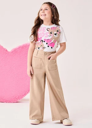 Bimbi - Calça Infantil Menina Wide de Sarja Bege Bege - BIMBI