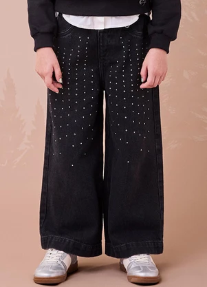 Momi - Calça Jeans Preta com Strass Preto - MOMI