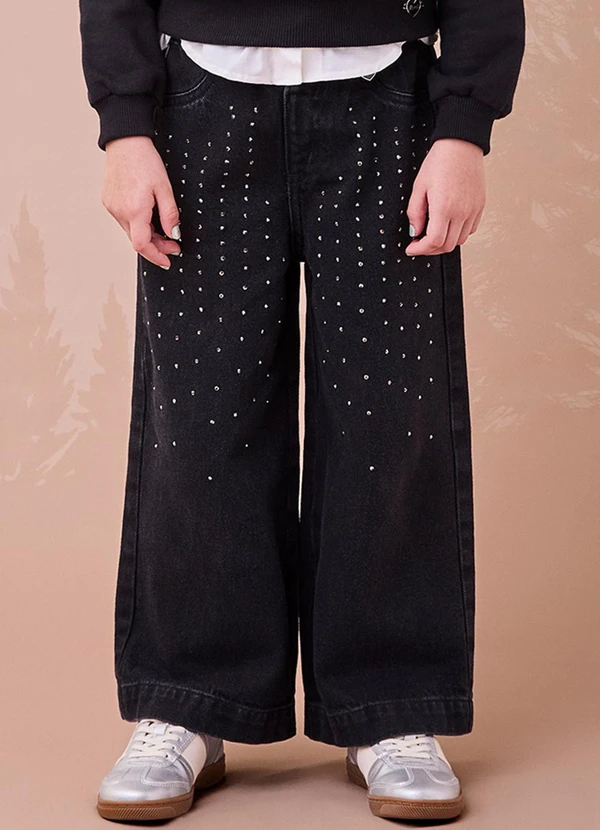 Momi - Calça Jeans Preta com Strass Preto 1
