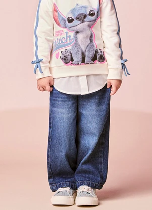 Momi - Calça Menina Jeans Pantalona Infantil com Pingente - MOMI