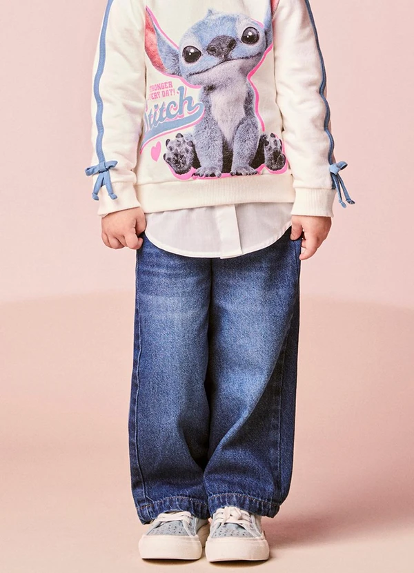 Momi - Calça Menina Jeans Pantalona Infantil com Pingente