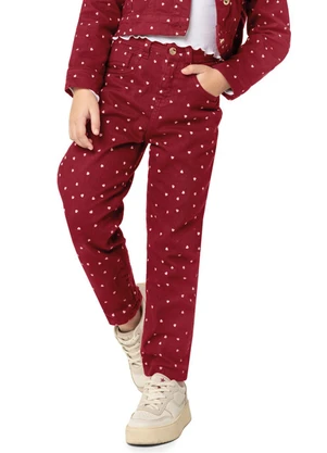 Carinhoso - Calça Mom Corações em Sarja Menina Bordô - CARINHOSO