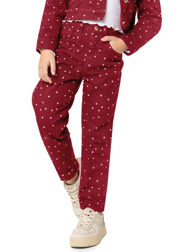 Carinhoso - Calça Mom Corações em Sarja Menina Bordô