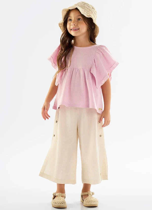 Up Baby - Calça Pantacourt em Viscose e Linho Bege 2