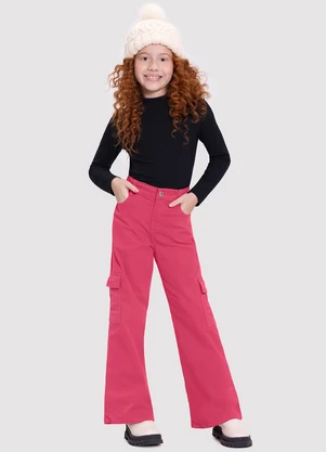 Alakazoo - Calça Sarja Wide Leg Infantil Menina Cargo Rosa - ALAKAZOO