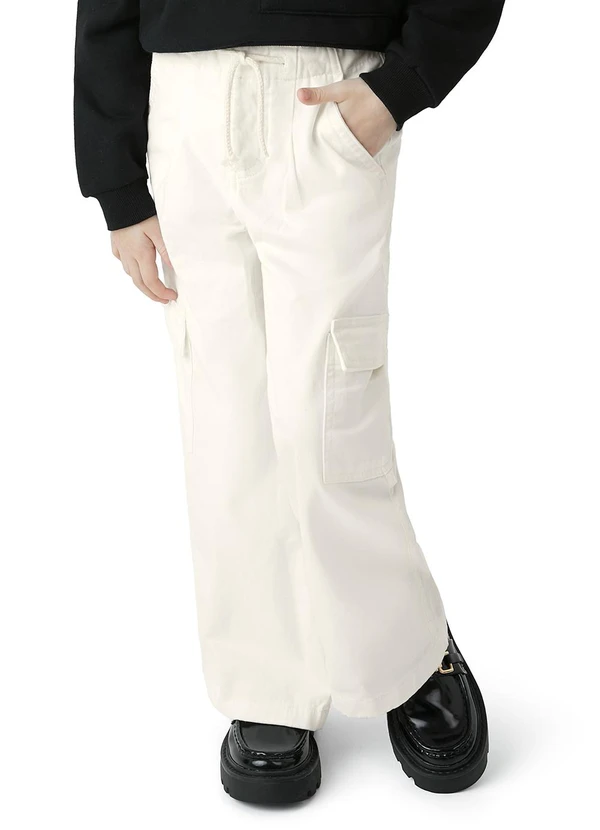 Carinhoso - Calça Wide Leg Cargo em Sarja Bege