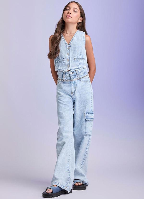 I Am - Calça Wide Leg com Bolsos Cargo Azul 3