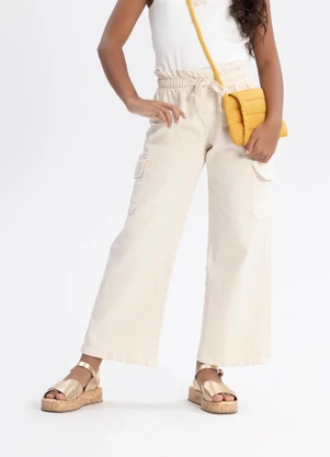 Alakazoo - Calça Wide Leg com Bolsos Cargo em Sarja Bege - ALAKAZOO