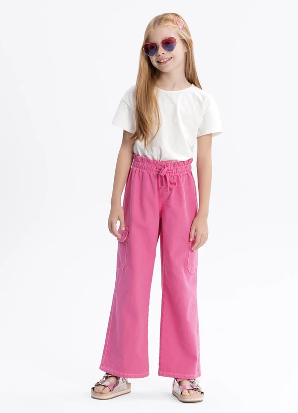 Alakazoo - Calça Wide Leg com Bolsos Cargo em Sarja Rosa 1