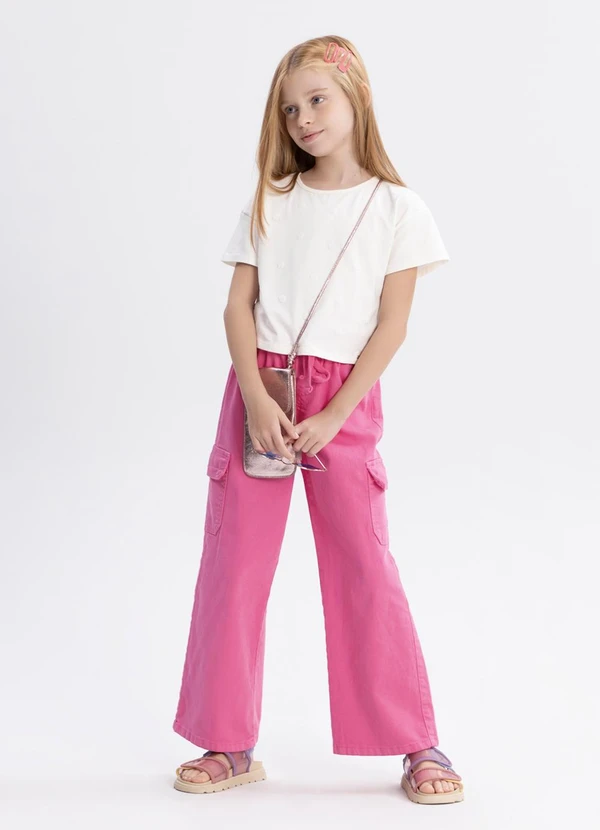 Alakazoo - Calça Wide Leg com Bolsos Cargo em Sarja Rosa 2