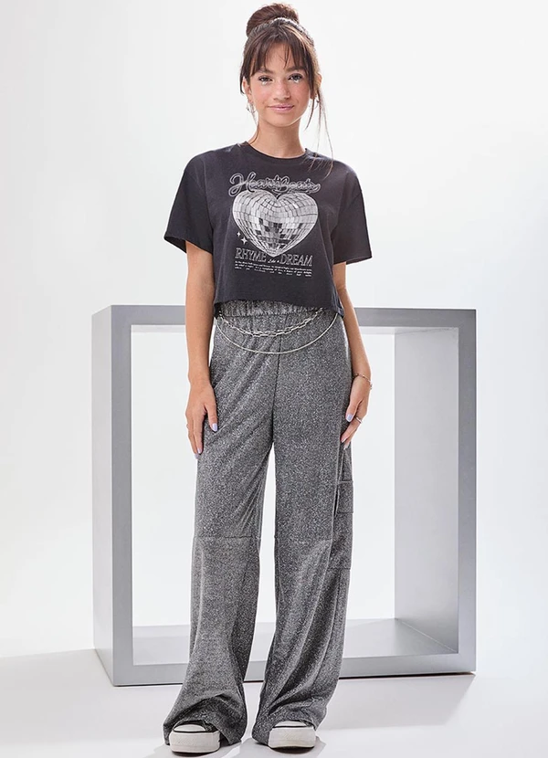 I Am - Calça Wide Leg com Brilho Prata 4