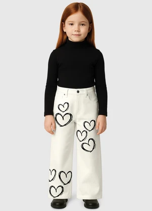 Carinhoso - Calça Wide Leg em Sarja Corações Off White - CARINHOSO