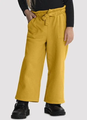 Alakazoo - Calça Wide Leg Infantil Menina em Moletom Amarelo - ALAKAZOO