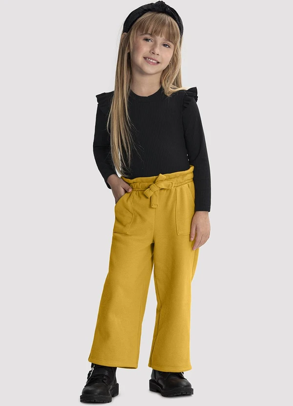 Alakazoo - Calça Wide Leg Infantil Menina em Moletom Amarelo 2