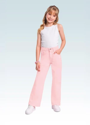 Fakini Kids - Calça Wide Leg Sarja Rosa - FAKINI KIDS