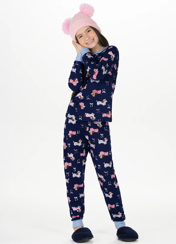 Alakazoo - Pijama Feminino Estampado com Calça Azul
