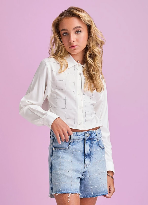 I Am - Camisa Casual com Strass Branco
