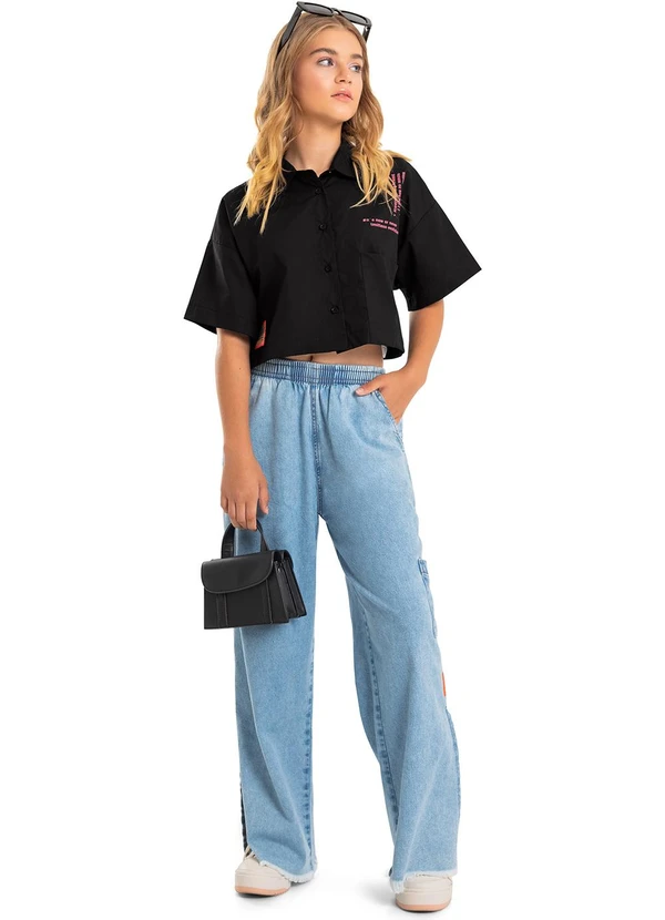 Gloss - Camisa Cropped Juvenil em Tricoline Preto 3