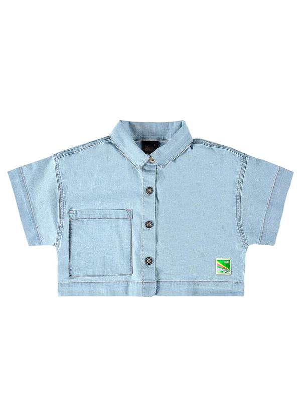 Gloss - Camisa Cropped Manga Curtas em Jeans Azul