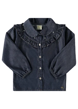 Milli e Nina - Camisa Menina Jeans Leve Pérolas Azul - MILLI E NINA