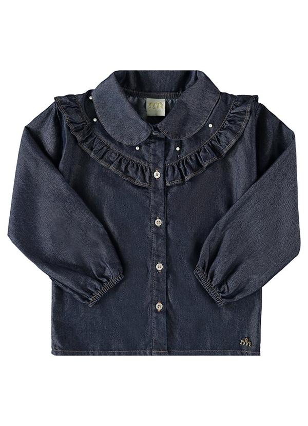 Milli e Nina - Camisa Menina Jeans Leve Pérolas Azul