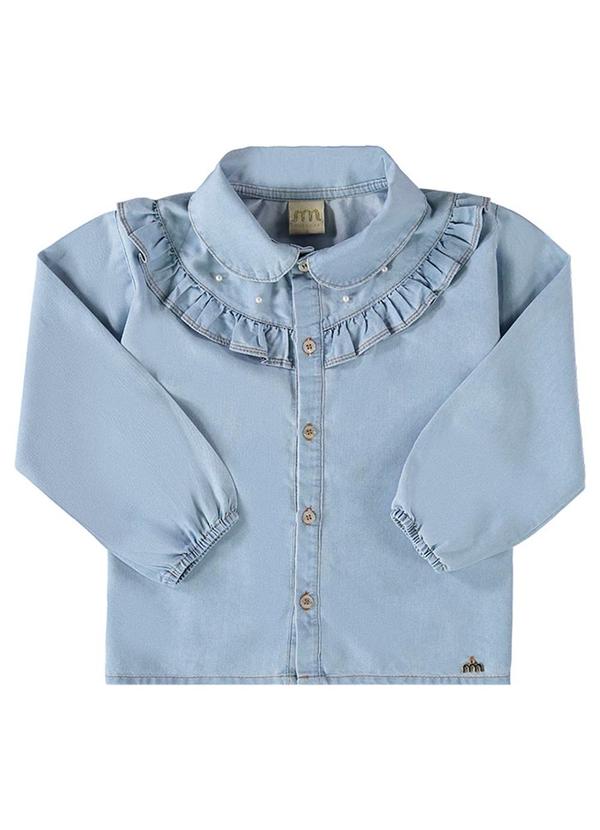 Milli e Nina - Camisa Menina Jeans Leve Pérolas Azul