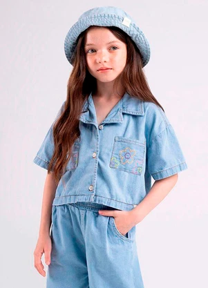 Bugbee - Camisa Tecido Jeans com Bordado Azul - BUGBEE