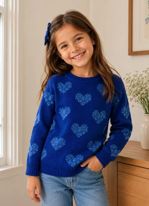 Doce Tom - Blusa Infantil em Tricô com Corações Azul - DOCE TOM