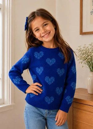 Doce Tom - Blusa Infantil em Tricô com Corações Azul - DOCE TOM