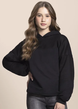 Milli e Nina - Blusão em Moletom Felpado e Tela Esportiva Preto - MILLI E NINA