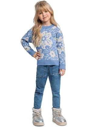 Quimby - Blusão Floral em Tricot para Menina Azul - QUIMBY