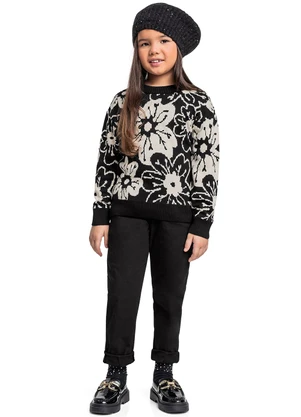 Quimby - Blusão Floral em Tricot para Preto - QUIMBY