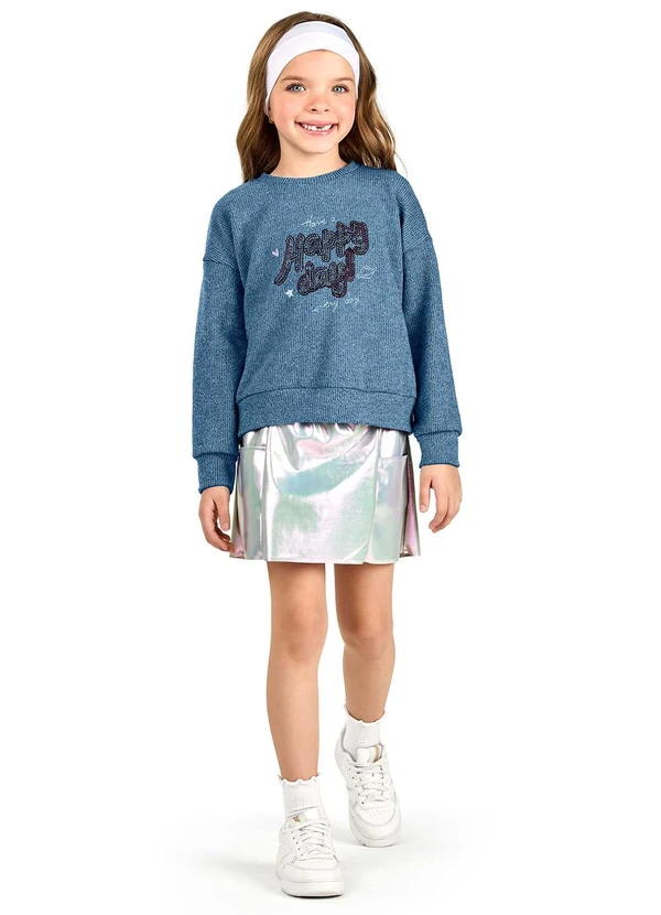 Elian - Blusão Infantil Menina Tricô Canelado Azul 2