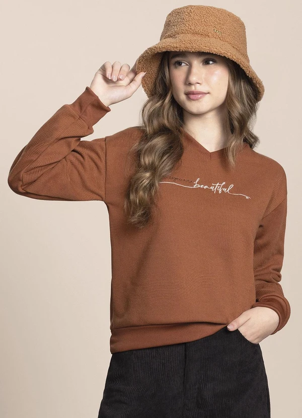 Milli e Nina - Blusão Juvenil Malha Tricot Bordado a Fio Marrom