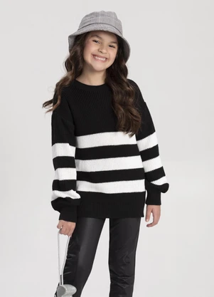 Alakazoo - Blusão Listrado de Tricô Infantil Menina Preto - ALAKAZOO