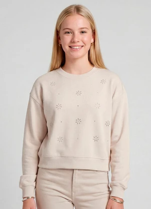 Minty - Blusão Moletom sem Felpa com Strass Bege - MINTY