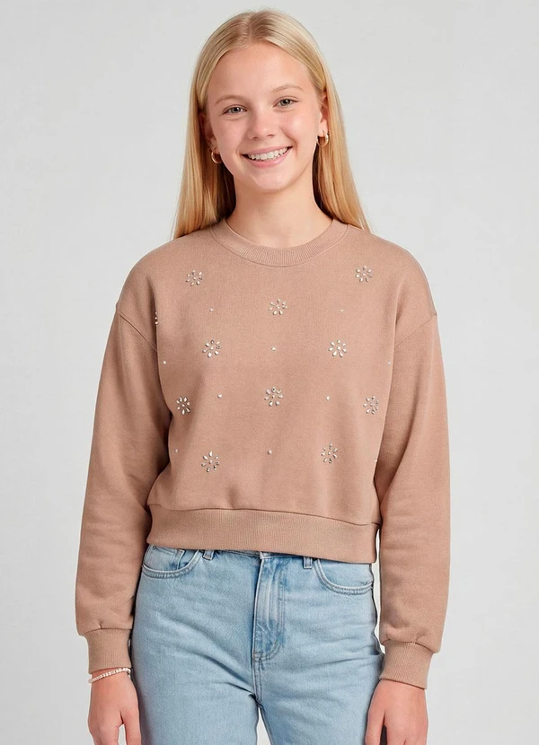 Minty - Blusão Moletom sem Felpa com Strass Marrom