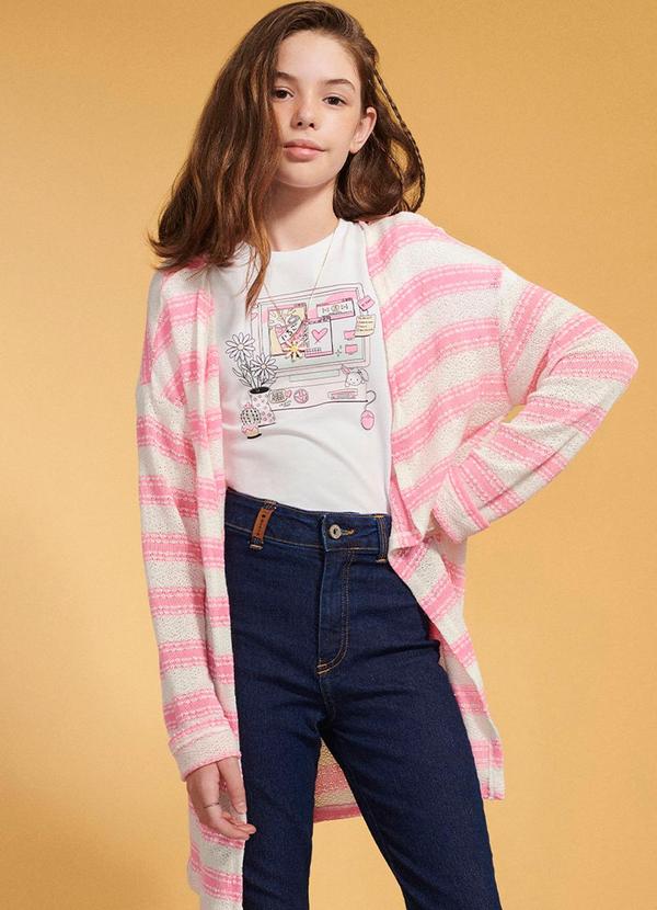 I Am - Cardigã Feminino Listrado Neon Rosa