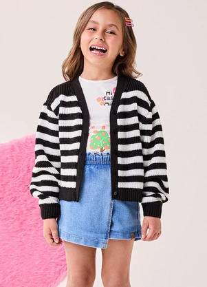 Bimbi - Casaco Infantil Menina de Tricô Listrado Preto - BIMBI