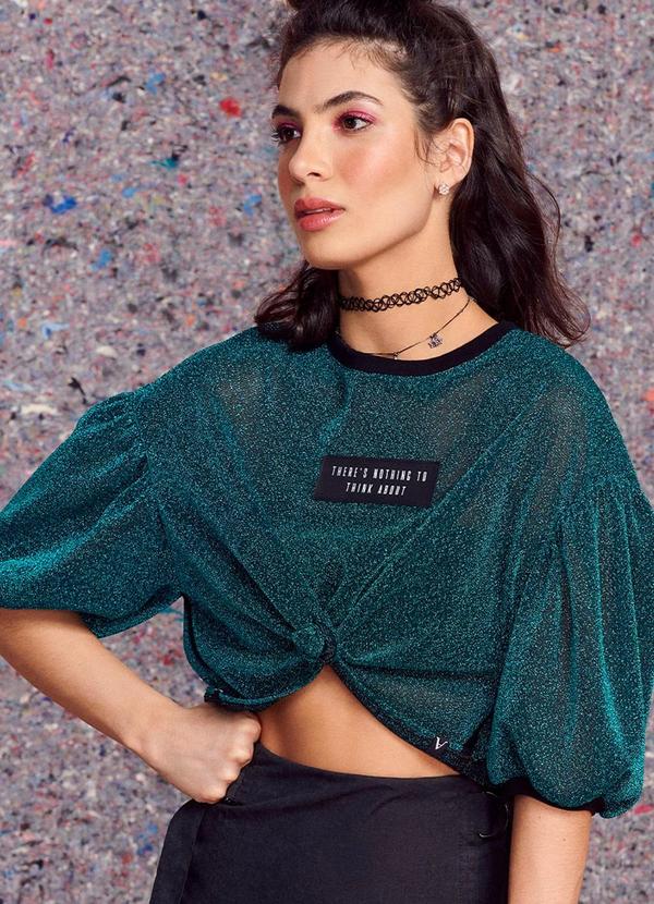 Authoria - Cropped Manga 3/4 de Lurex com Detalhe de Nó Verde