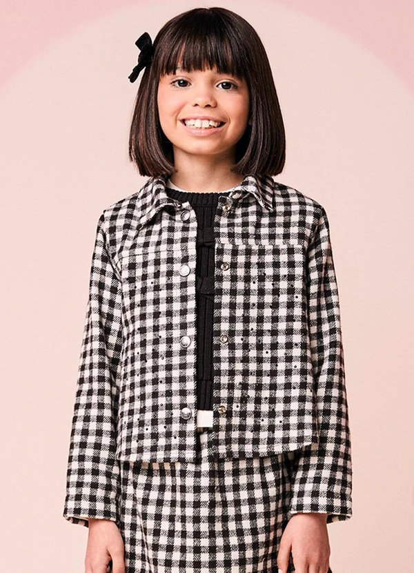 Momi - Jaqueta Infantil de Tweed Xadrez com Strass