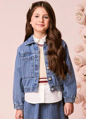 Momi - Jaqueta Infantil Menina Jeans Listrada com Botões - MOMI