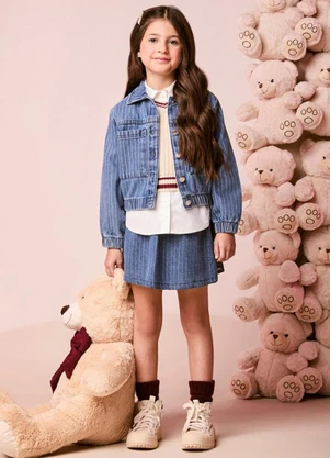 Momi - Jaqueta Infantil Menina Jeans Listrada com Botões - MOMI