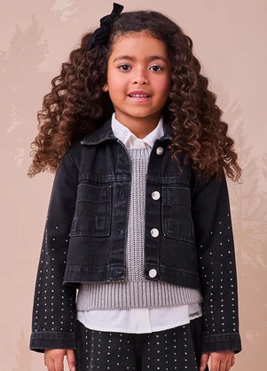 Momi - Jaqueta Jeans Preta com Strass Preto - MOMI